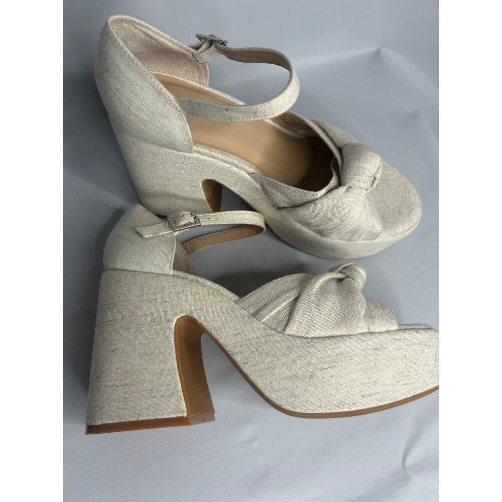 Copper Key Womens Platform Heeled Sandals 8M Beige Linen Blend Knotted Strap